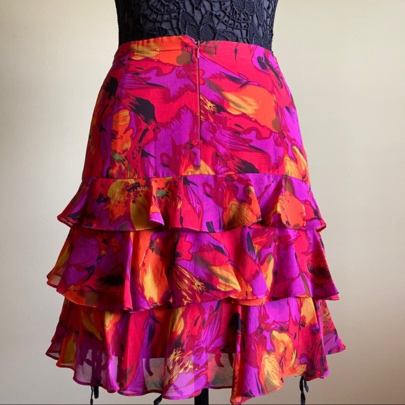 Vintage '90s Graphic Floral Silk Flower Print Ruffle Skirt Zip Elastic Waistband - Picture 3 of 5